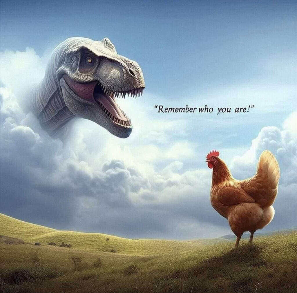 a meme about a chicken and a t-rex